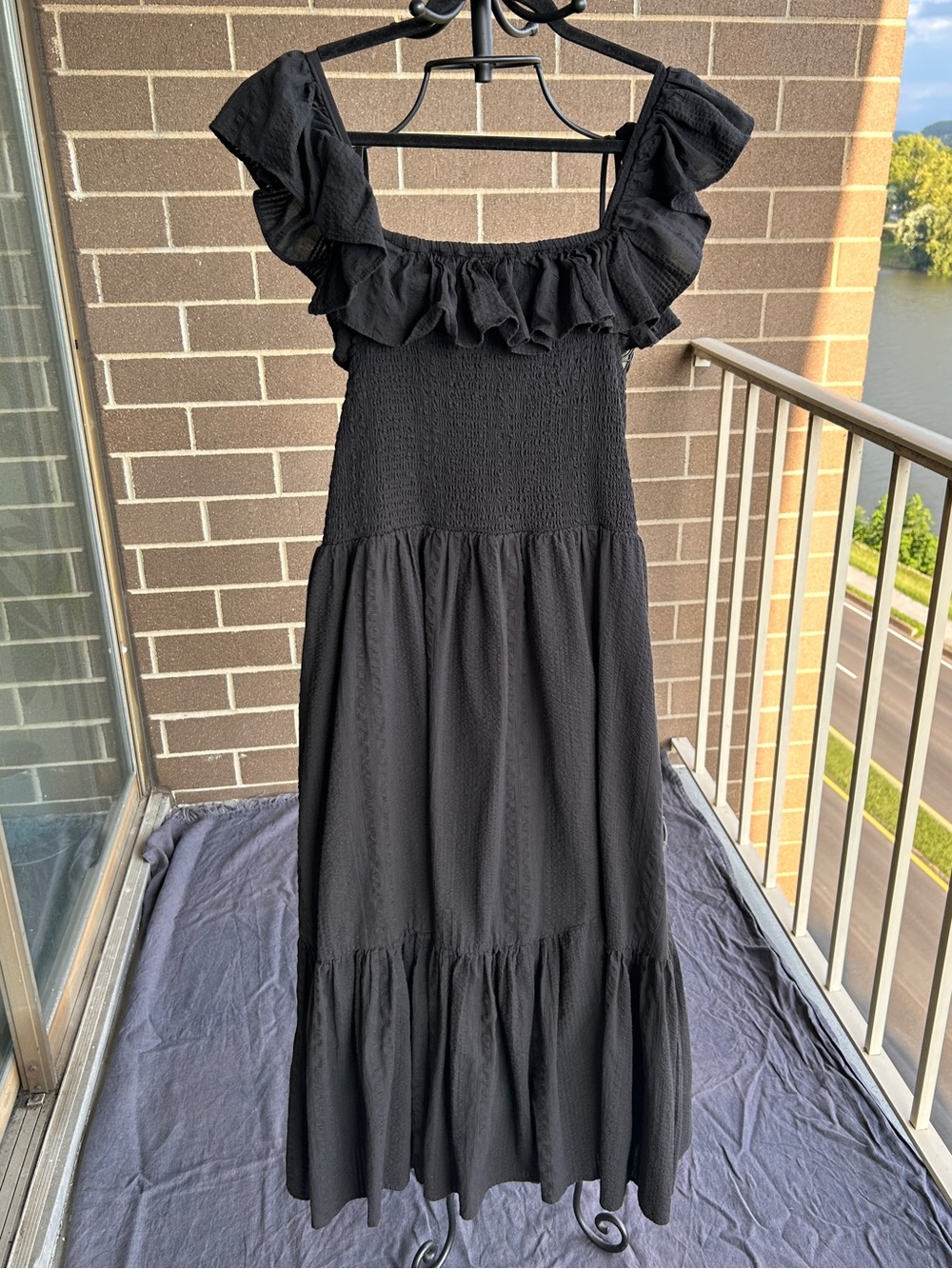 Dotti Black Off Shoulder Smocked Midi Swim Cover Up Dress Ruffle Tiered